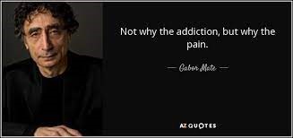 man looking at the camera with a quote "Not why the addiction, but why the pain"